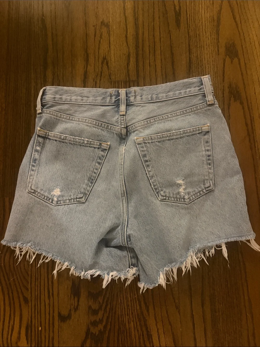 AGOLDE Light Wash Distressed High-Rise Denim Shorts size 23. Parker Long style.